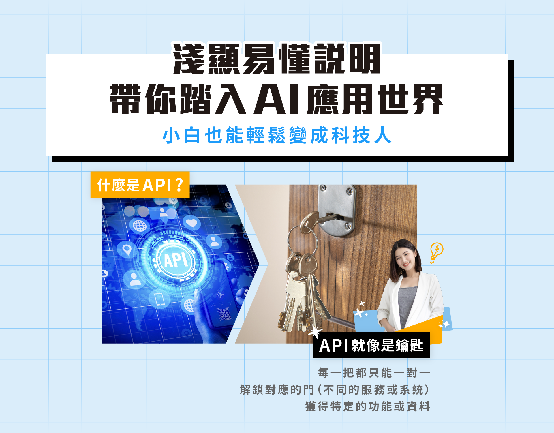 ALPHA Camp AC 開啟外掛人生的 AI 實戰課 9 個動作一做就會 想要人生開外掛嗎？跟著 3 小時 9 個簡單的動作，零門檻人人都能變 AI 高手玩家，創造以前覺得不可能的成就，免寫程式碼，讓 AI 一鍵生成網站，開啟個人品牌經營，增加額外收入! AI 應用, 新手入門, 網站開發 主要溝通標題：讓 AI 成為你的第二大腦 訊息內容：有門檻的事情都讓 AI 來做，幫你人生立刻開外掛 1/ 增加一技之長 創造過去無法想像的成就 2/ 打開第二份收入 製作網站 開啟個人品牌經營 3/ 跟上時代不落單 拒絕當被 AI 淘汰的人! 主要溝通標題：零負擔啟動 AI 外掛攻略！ 訊息內容：擔心自己的學經歷怎麼可能做得到？ 手把手帶你跨過「不可能」的檻 1/ AI 一鍵生成 讓你免寫程式碼 不需要懂程式語言，只要學怎麼對 AI 下指令 2/ 3 小時 9 動作 即學即用 跟著簡單的指引，立即完成個人品牌網站前後台 3/ 小白也能輕鬆變成科技人 用淺顯易懂的說明帶你踏入 AI 應用世界 4/ 彈性進修新技能 線上教材結合預錄影片，自主安排學習時間 - **淺顯易懂說明 帶你踏入 AI 應用世界** 小白也能輕鬆變成科技人 API 就像是鑰匙，每一把都只能一對一解鎖對應的門（不同的服務或系統），獲得特定的功能或資料